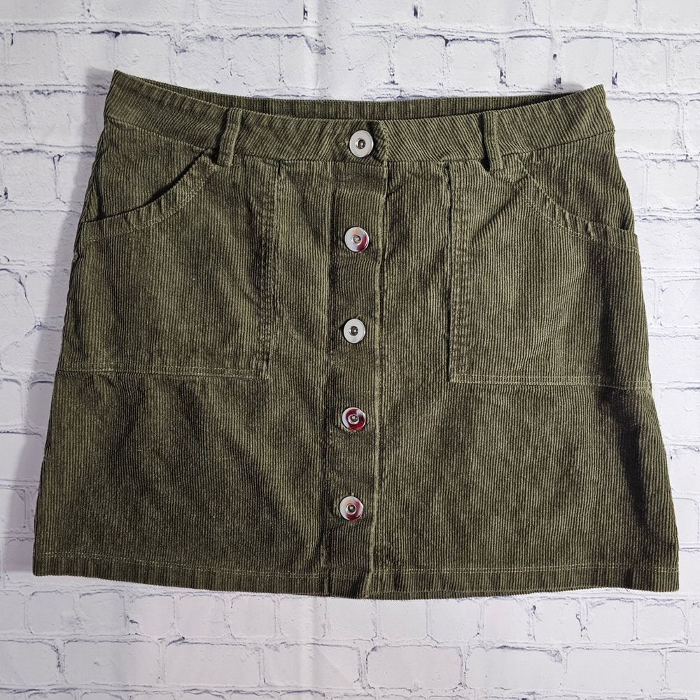 Full Circle Trends Corduroy Button‎ Front Mini Skirt Olive Green Size L